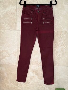 PAIGE Edgemont Ultra Skinny Jeans Size 27 Burgundy Moto Zip NWT